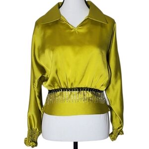 YMZ Elegant Satin Green Studded Blouse Women's NWT